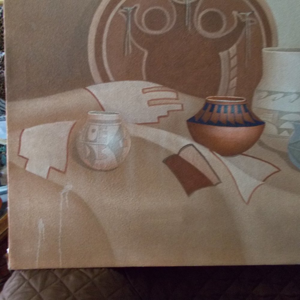 Vintage Pottery Painting by Noted Cultural Artist Mario, Signed  24"x36" - Picture 4 of 7